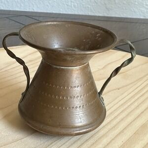 VTG Artisan Mini‎ Hammered Copper Spittoon Vase 2.5 Inch  Double Braid Handles
